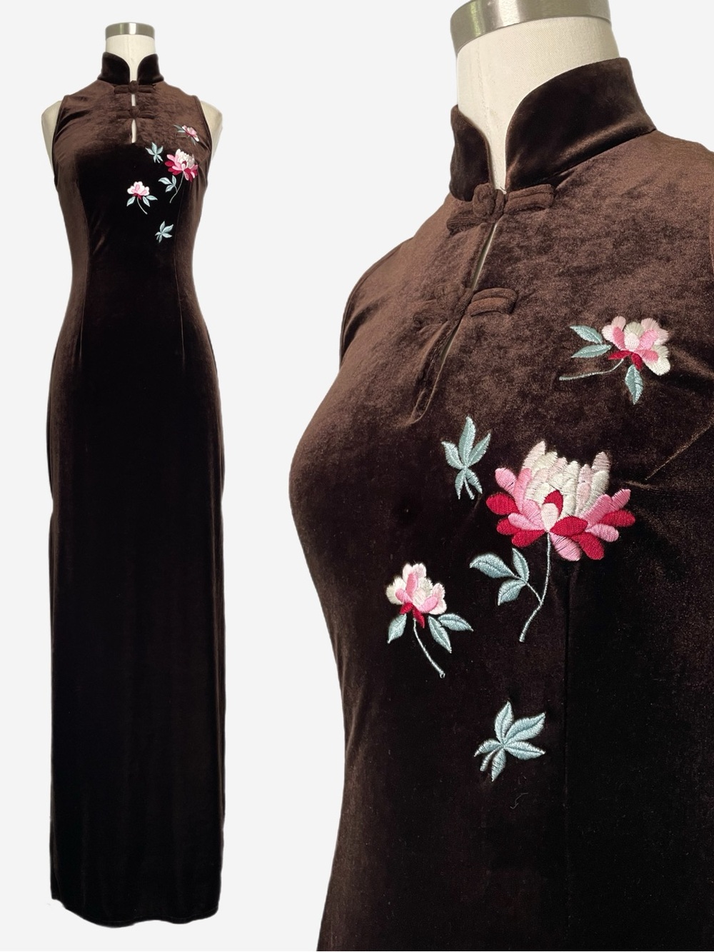 Vintage Y2K Papell Boutique Brown velvet floral embroidered cheongsam dress XS
